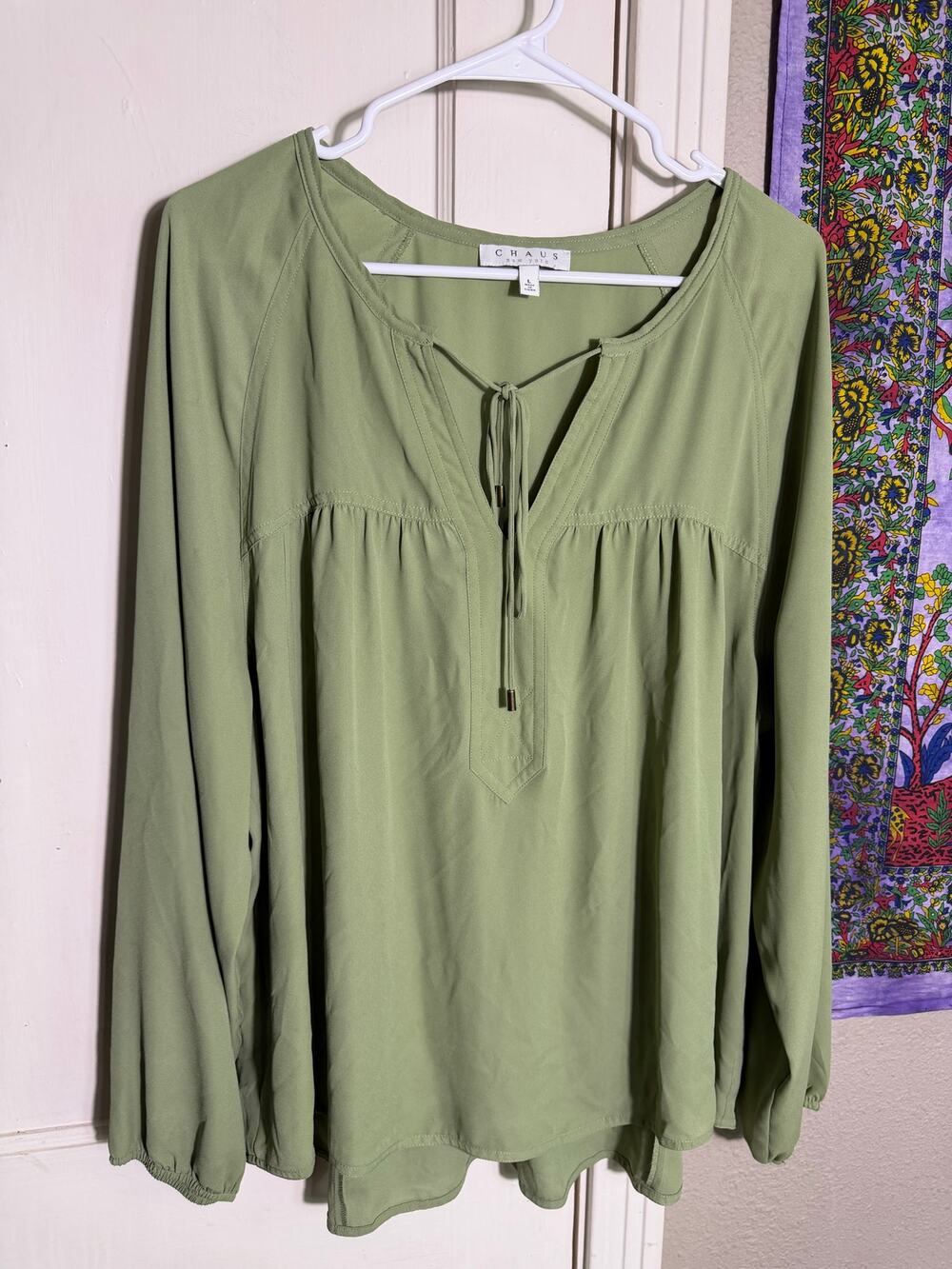 Chaus New York Large Sage Green Peasant Blouse Boho Tie Neck Long Sleeve